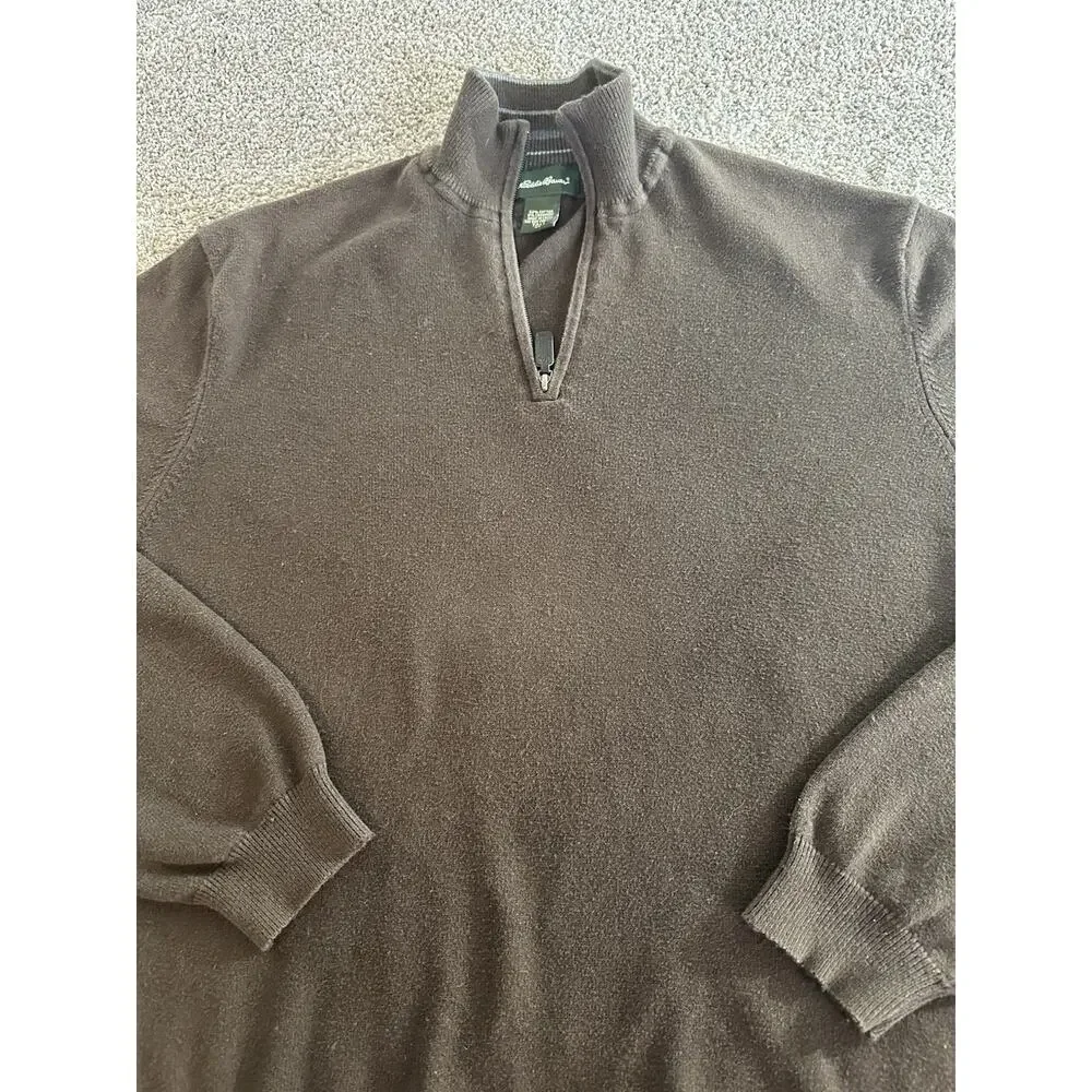 Mens Eddie Bauer Quarter Zip Cotton & Cashmere Sweater Brown Pullover XL TALL - Picture 2 of 11